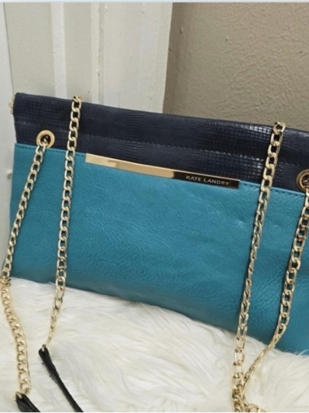 Kate Landry Teal and Navy Chain-Accent Shoulder Bag